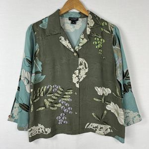 Citron Santa Monica Womens M Camp Shirt 100% Silk Floral 3/4 Sleeve Boxy